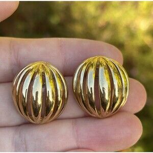 Vintage Givenchy Gold Tone Dome Stud Earrings Ribbed Sphere Signed